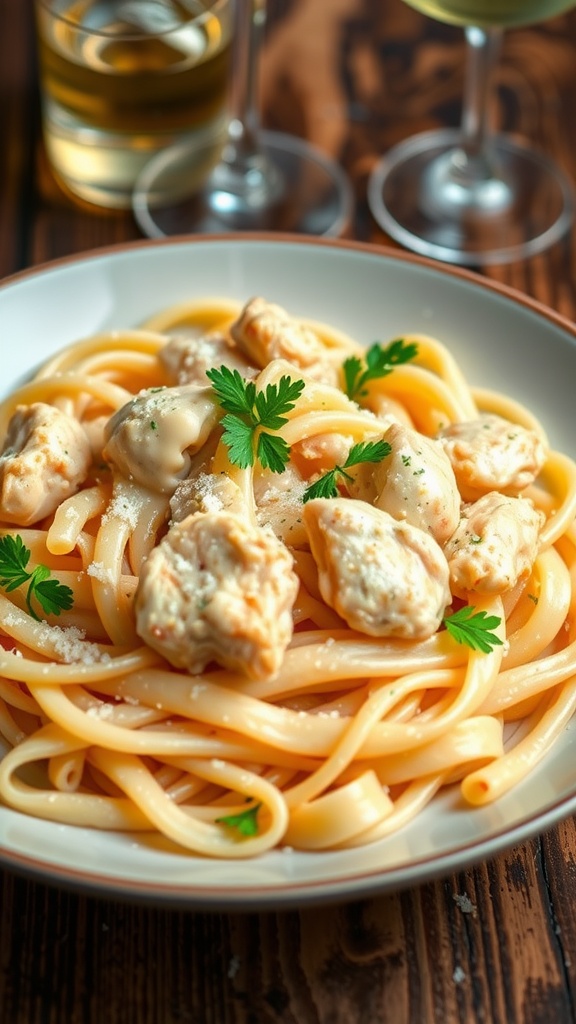 A delicious serving of creamy garlic chicken pasta topped with parsley and Parmesan on a wooden table.